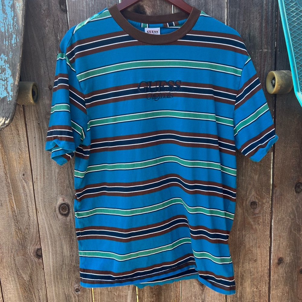 GUESS Men's Teal and Black Striped Tee